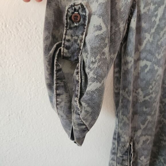 Anthro Cloth & Stone Camo Ikat Chambray Tunic Shirt Dress Tencel Roll Tab XS - Picture 4 of 9